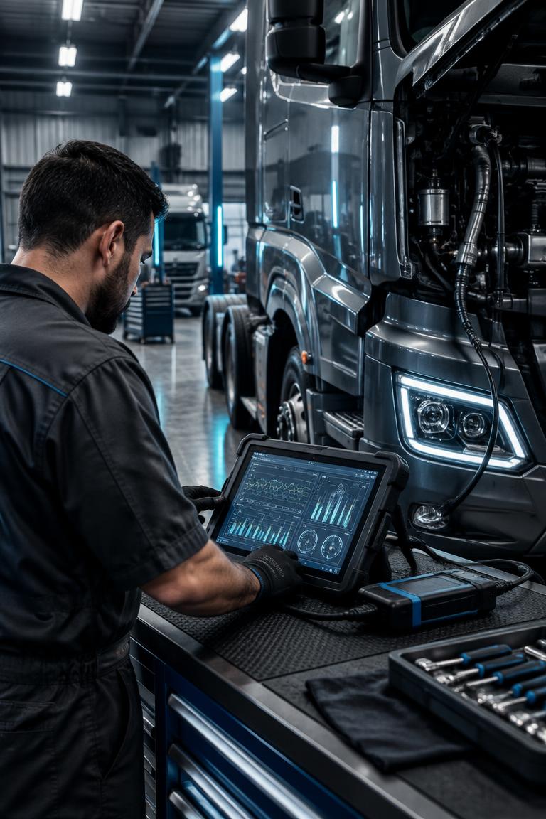 Técnico realizando diagnóstico eletrônico em caminhão pesado