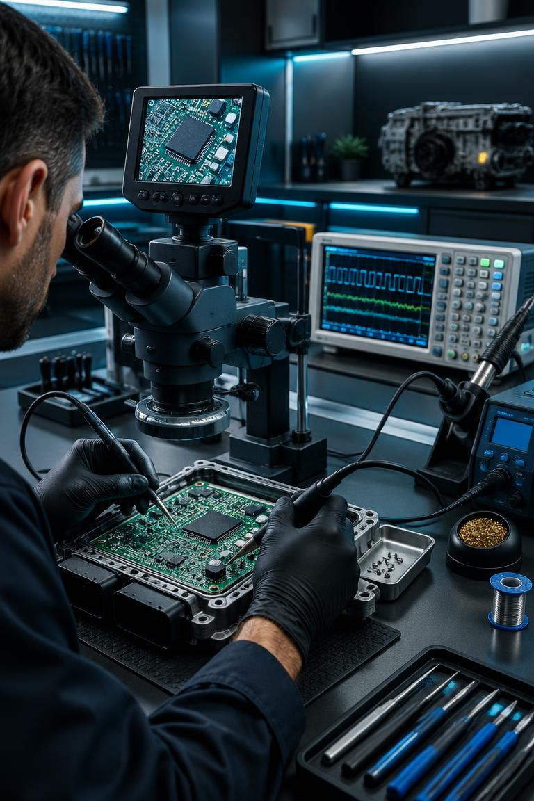 Reparo e programação de módulo diesel em laboratório eletrônico